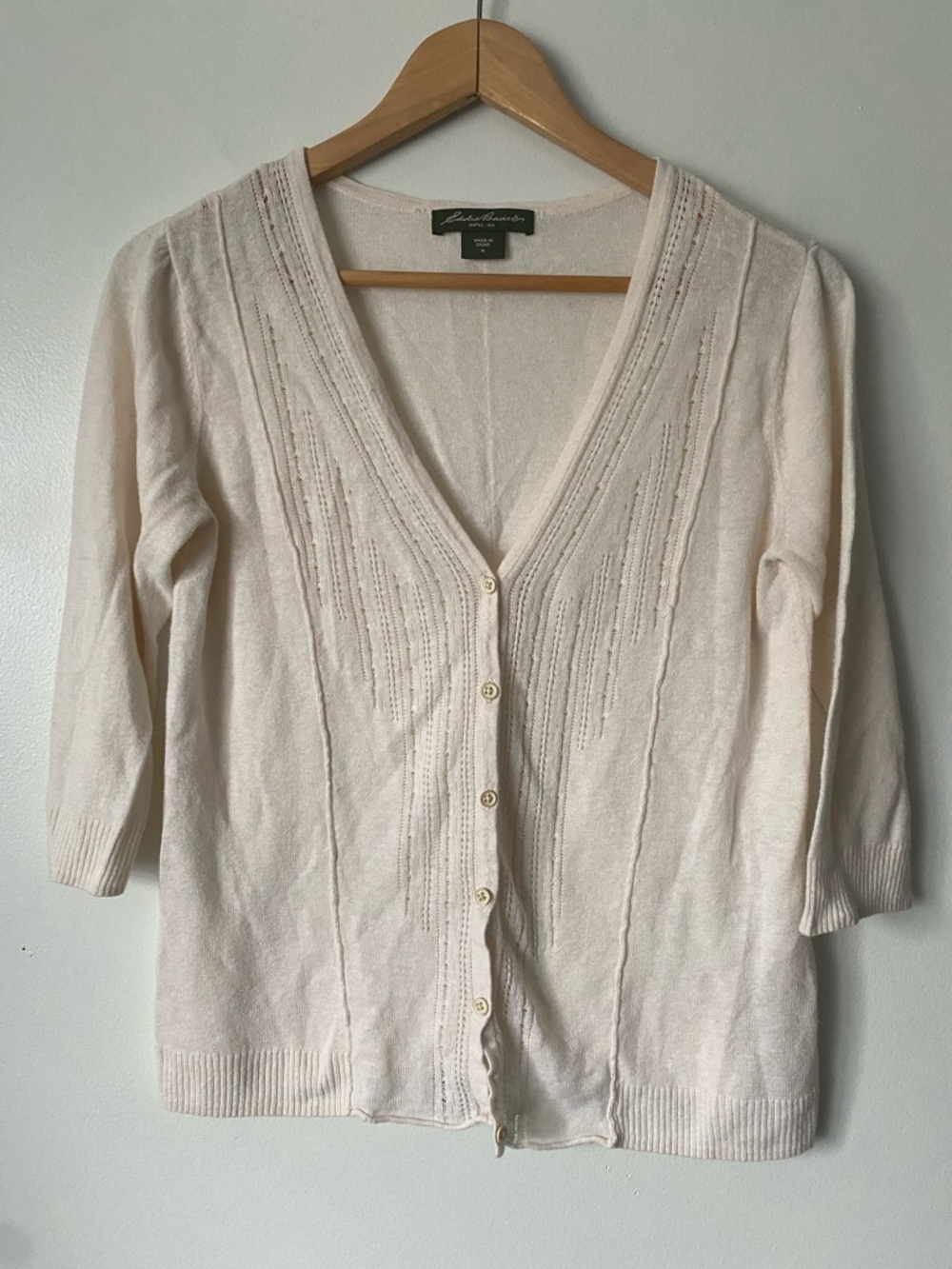 Eddie Bauer linen blend 3/4-sleeve cardigan cream lightweight button-up front M